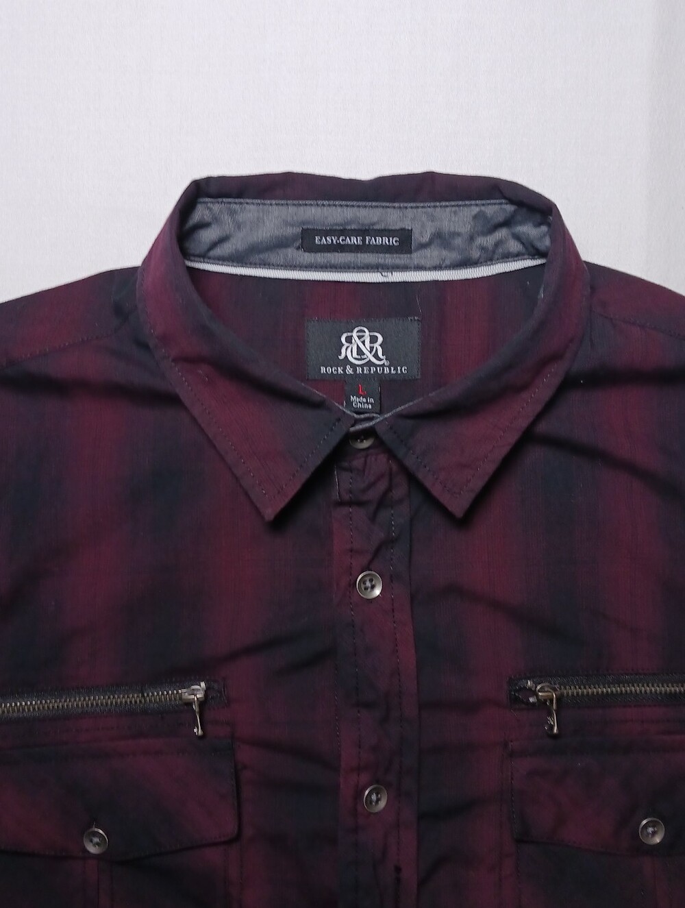 Rock Republic Mens Jacquard Button Up Shirt L Burgundy Black Front Zip Pockets